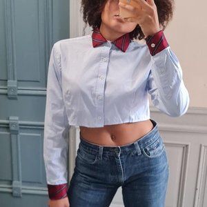Beautiful upcycled shirt fitted at waist adorned with fabric from vintage tie